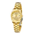 Gold stainless steel quartz women's watch with diamond markers and date display. - Gold