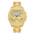 Iced out gold tonneau quartz watch for men with chronograph sub dials and crystal bezel. - Gold