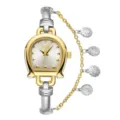Women quartz watch U-shaped horseshoe case two-tone metal bracelet with flower charms - Gold-Silver White