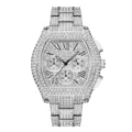 Men's iced out rhinestone tonneau quartz watch with chronograph sub-dials and Roman numerals. - Silver