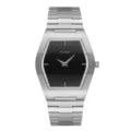 Luxury stainless steel quartz men watch featuring unique barrel case and sleek black dial. - Silver-Black