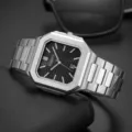 PLADEN luxurious men quartz watch with square stainless steel case and elegant black dial. - Silver-Black