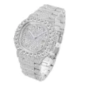 Men's luxury iced out rhinestone quartz watch with Arabic numerals and calendar display steel strap - Silver