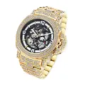 Luxury gold iced out mechanical watch for men, sparkling rhinestone skeleton dial timepiece - Gold