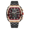 Detailed close-up of PLADEN luxury tonneau men watch with luminous markers and steel strap. - Rose Gold Red Face