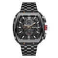 PLADEN luxury tonneau men watch, black steel strap, skeleton chronograph dial detail. - Black