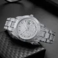 Men iced out rhinestone quartz watch silver luxury wristwatch with calendar date display. - Silver