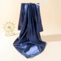 Elegant dark blue satin square scarf with a smooth and shiny texture, perfect for stylish looks. - 90cm X 90cm / Navy Blue