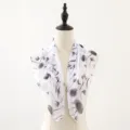 White chiffon square scarf with black floral print, elegant spring and summer neck accessory. - White Gray Floral Leaves