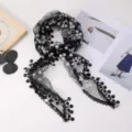 Black floral lace scarf, elegant sheer mesh neckerchief detail shot showcase for women. - 145x42cm / Black Daisy