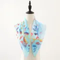 Light blue chiffon square scarf with colorful leaf print, soft spring and summer neck scarf. - Blue Branch Leaves
