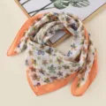 Fashion floral print square scarf with vibrant orange border, soft chiffon fabric neck accessory. - White Base Five-Petal Flower