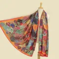Kleurrijke bedrukte zijden sjaal voor dames, elegante omslagdoek met cirkelpatroon voor herfst. - 188x96cm / Oranje