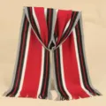 Knitted striped scarf detail showcasing the multi-color block design and fine tassels. - Red