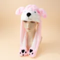 Süße rosa Plüsch Tier Mütze mit beweglichen langen Ohren und weichem Stoff für den Winter. - M (56-58cm) / Rosa Weißer Hund
