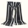Detail view of the stylish striped knitted men scarf featuring fringe and cozy color block design. - Navy Blue