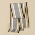 Detailed view of the cozy knitted striped scarf with fringe, showing texture and color mix. - Light Gray