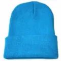 Bonnet en tricot d'hiver bleu uni, bonnet a revers chaud et decontracte pour hommes et femmes. - M (56-58cm) / Bleu ciel