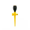 Close-up detail of the durable yellow and black plastic garden sprinkler spike nozzle head. - Plastic Ground Spike and Impact Sprinkler Head