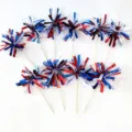 Red white and blue metallic foil firework picks for Independence Day party cake decorations. - Price for 1 Piece / Independence Day Wide Foil Fringe Picks