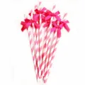 Decorative pink and white striped paper straws featuring elegant bright ribbon bows for party. - Rose Red Striped Bow Straws