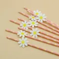 Detail view of pink paper drinking straws with cute daisy flower cards for party decor. - Small Flowers & Pink Daisy Straws