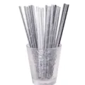 Close-up detail of silver paper drinking straws inside a clear glass container for party decor. - 25 Pieces Set / Pure Silver