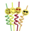 Colorful curly drinking straws with funny emoji faces, perfect for party and drinks. - Smiley Face