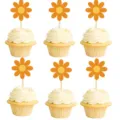 Retro orange daisy cupcake toppers detail view, showing cute floral party decoration inserts. - Small Orange Blossom Picks