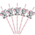 Cute baby elephant paper straws cake toppers, pink striped party drink straws for baby shower birthday celebration. - Paper Straws / Pink