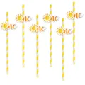 Biodegradable yellow striped paper straws with sun one cake topper for first birthday party. - Sun One Yellow Striped Style