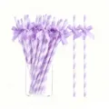 Purple striped paper straws with satin bows for birthday party and dessert table decoration. - Light Purple Striped