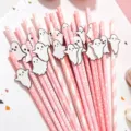 Halloween pink paper straw detail view, cute ghost decoration for dessert table setup and party drinks. - Pink Series Ghost Straws
