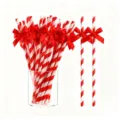 Decorative red and white striped paper straws featuring cute red ribbon bows for party. - Red Stripe