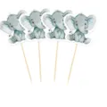 Close-up of cute watercolor baby elephant cupcake toppers with wooden picks for party decor. - Elephant Sign / Blue