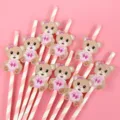 Pink striped paper straws with cute bear cardstock decorations for birthday party supplies. - Pink Bear Pink Striped Style