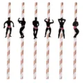 Disposable paper straws with muscle man silhouettes, rose gold striped party drinkware. - 18 Pcs/Pack / Rose Gold Striped Little Black Men