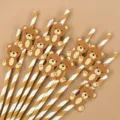 Brown striped paper straws with cute bear card decorations for party supplies and birthdays. - Bear Matte Gold Striped Straw Style