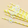 Yellow striped paper drinking straws with cute paper daisy flower decorations for party events. - Small Flowers & Yellow Striped Straws