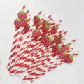 Decorative strawberry paper straws, red and white striped drinkware for parties and events. - Red Strawberry with Red Stripes