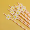 Pink and white striped paper drinking straws featuring cute daisy flower cards for party decor. - Small Flowers & Deep Pink Striped Straws