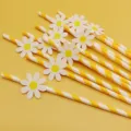 Party paper drinking straws with cute yellow and white daisy flower decorations, yellow striped design. - Small Flower & Orange Striped Straws