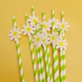 Green and white striped paper straws with cute daisy flower card decorations for party. - Small Flowers & Fruit Green Striped Straws