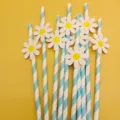 Blue and white striped paper straws with cute daisy flower decorations, party supplies. - Small Flowers & Lake Blue Striped Straws