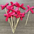 10pcs Pink Ribbon Bow Cake Toppers Fabric Bowknot Toothpicks for Dessert Baking Party - Rose Red