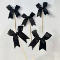 Black satin ribbon bow cake toppers wooden stick dessert party baking decoration 5pcs - Black