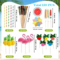 110pcs Hawaiian tropical party decoration set, paper straws, umbrellas, pineapple cupcake toppers. - 110 Piece Set