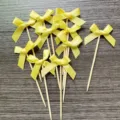 10pcs yellow ribbon bow cake toppers wooden dessert picks for party baking decoration - Yellow