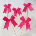 Pink satin bow cake toppers for birthday party baking dessert decoration, 5 pieces. - Rose Red
