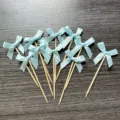 Light blue satin bow cake topper details, wooden toothpick baking dessert party decoration set. - Light Blue